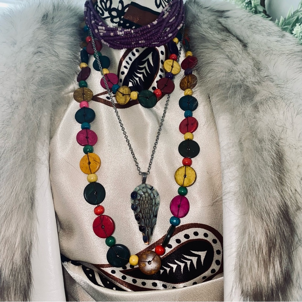 3 Set of Necklaces! Wood Glass Sea-bead Eclectic Mix Funky Vacation Vibes